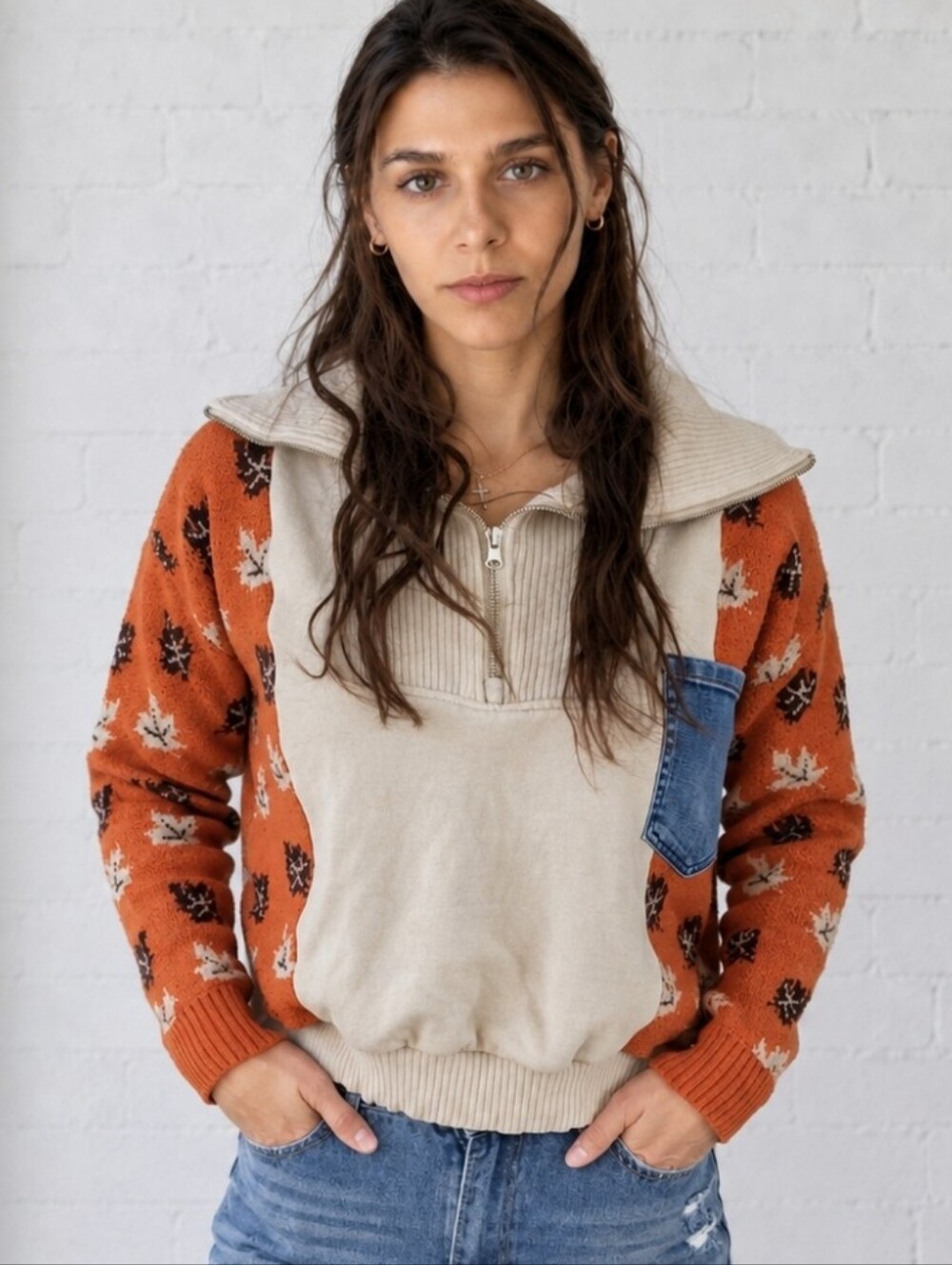 Upcycled- Autumn Leaves Sweater Zip (M)